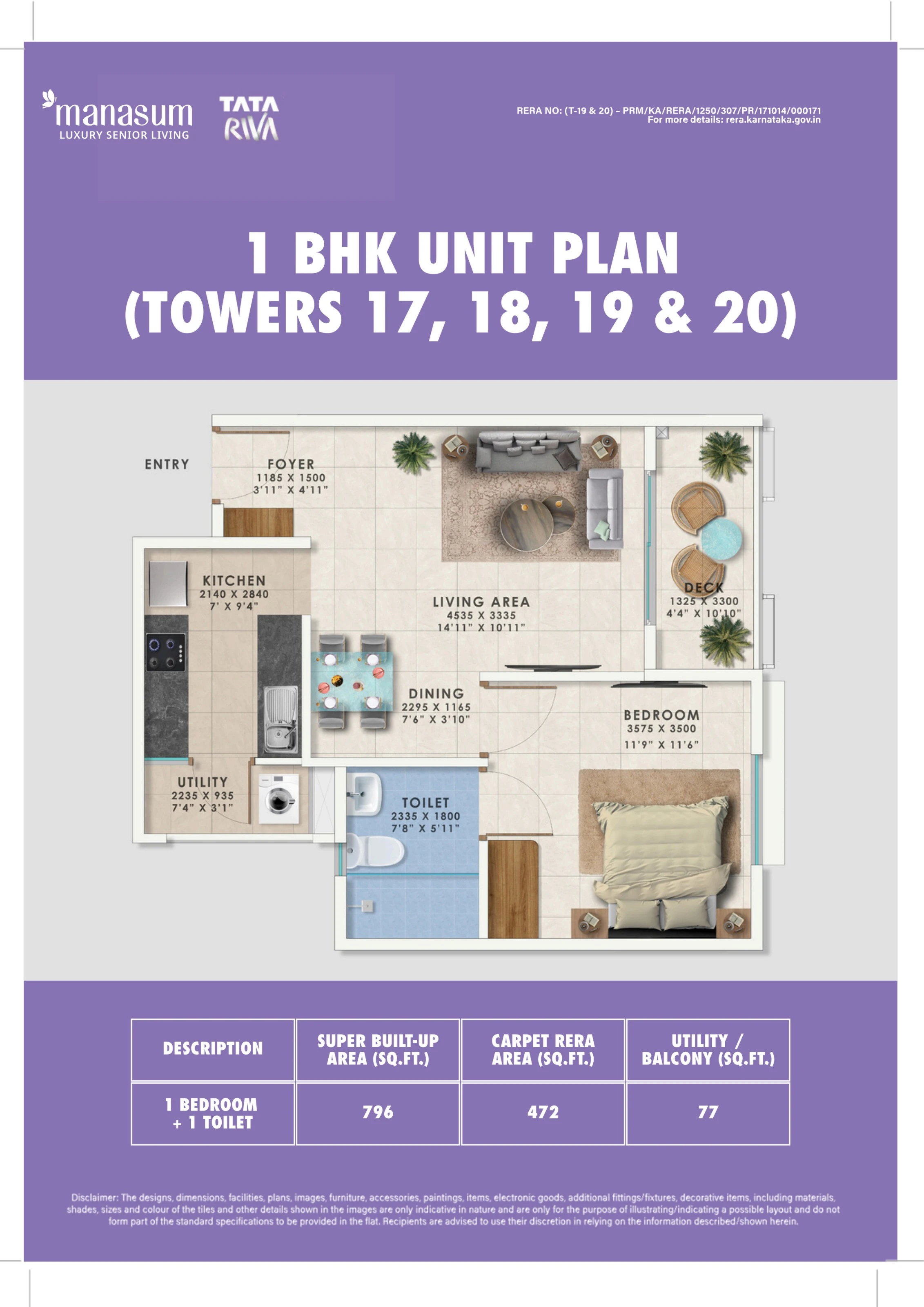 1 BHK Unit Plan — Towers 17, 18, 19 & 20